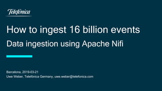 How to ingest 16 billion events
Data ingestion using Apache Nifi
Barcelona, 2019-03-21
Uwe Weber, Telefónica Germany, uwe.weber@telefonica.com
 