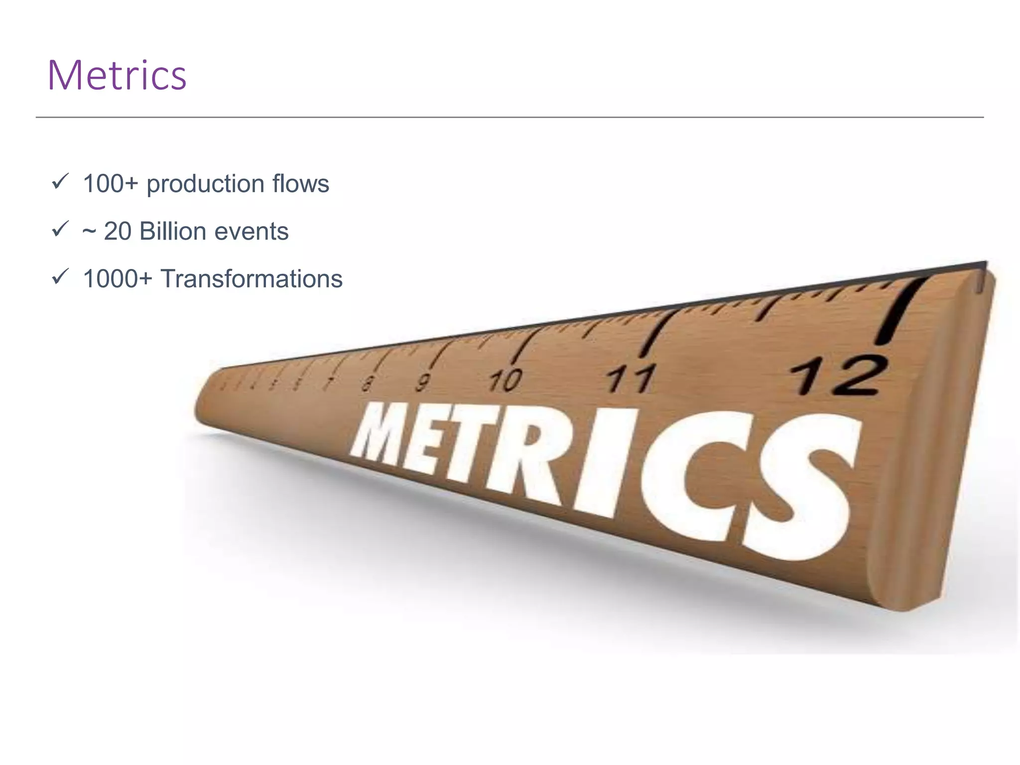 Metrics  100+ production flows  ~ 20 Billion events  1000+ Transformations 
