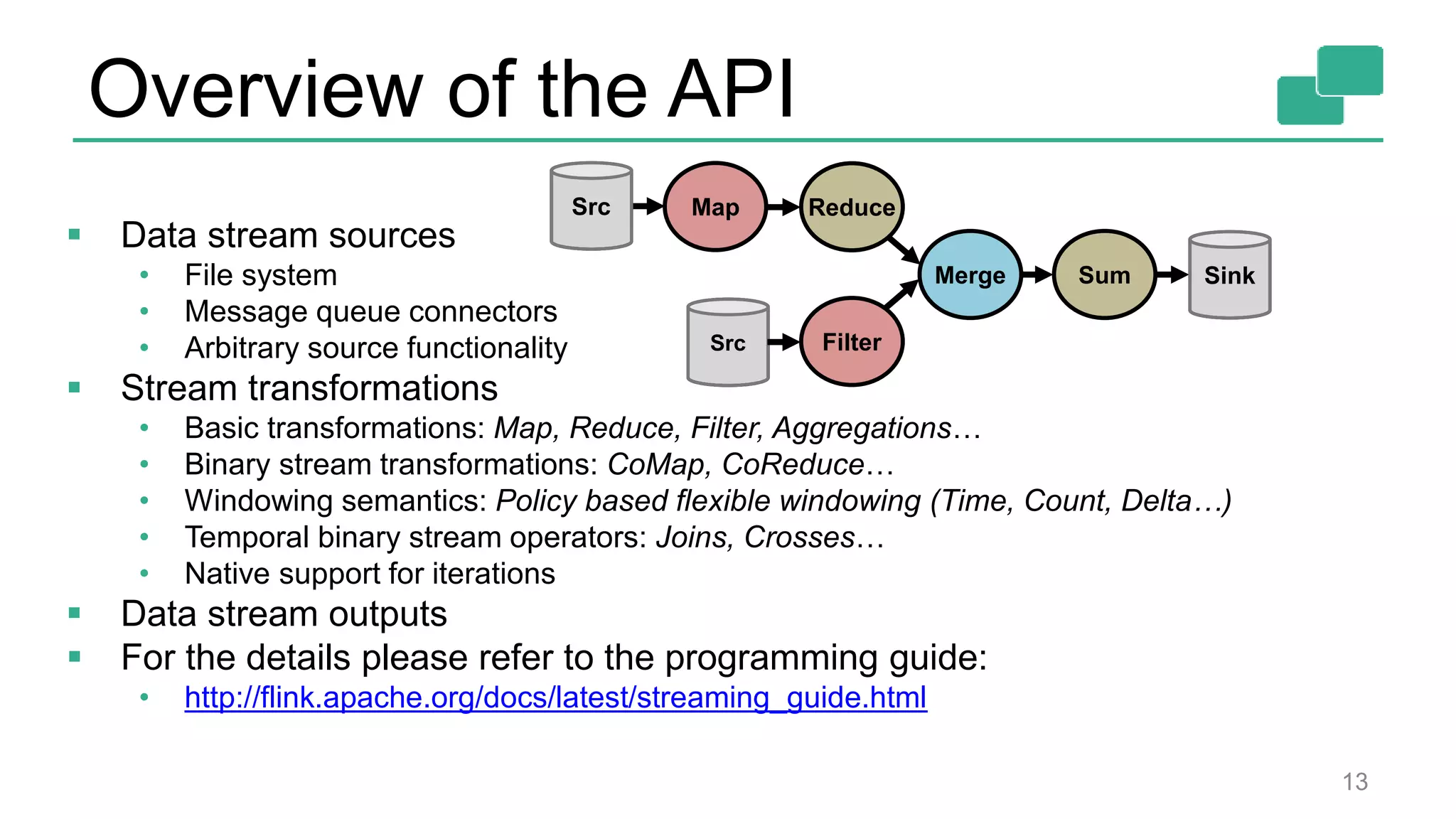 Overview of the API  Data stream sources • File system • Message queue connectors • Arbitrary source functionality  Stream transformations • Basic transformations: Map, Reduce, Filter, Aggregations… • Binary stream transformations: CoMap, CoReduce… • Windowing semantics: Policy based flexible windowing (Time, Count, Delta…) • Temporal binary stream operators: Joins, Crosses… • Native support for iterations  Data stream outputs  For the details please refer to the programming guide: • http://flink.apache.org/docs/latest/streaming_guide.html 13 Reduce Merge Filter Sum Map Src Sink Src 