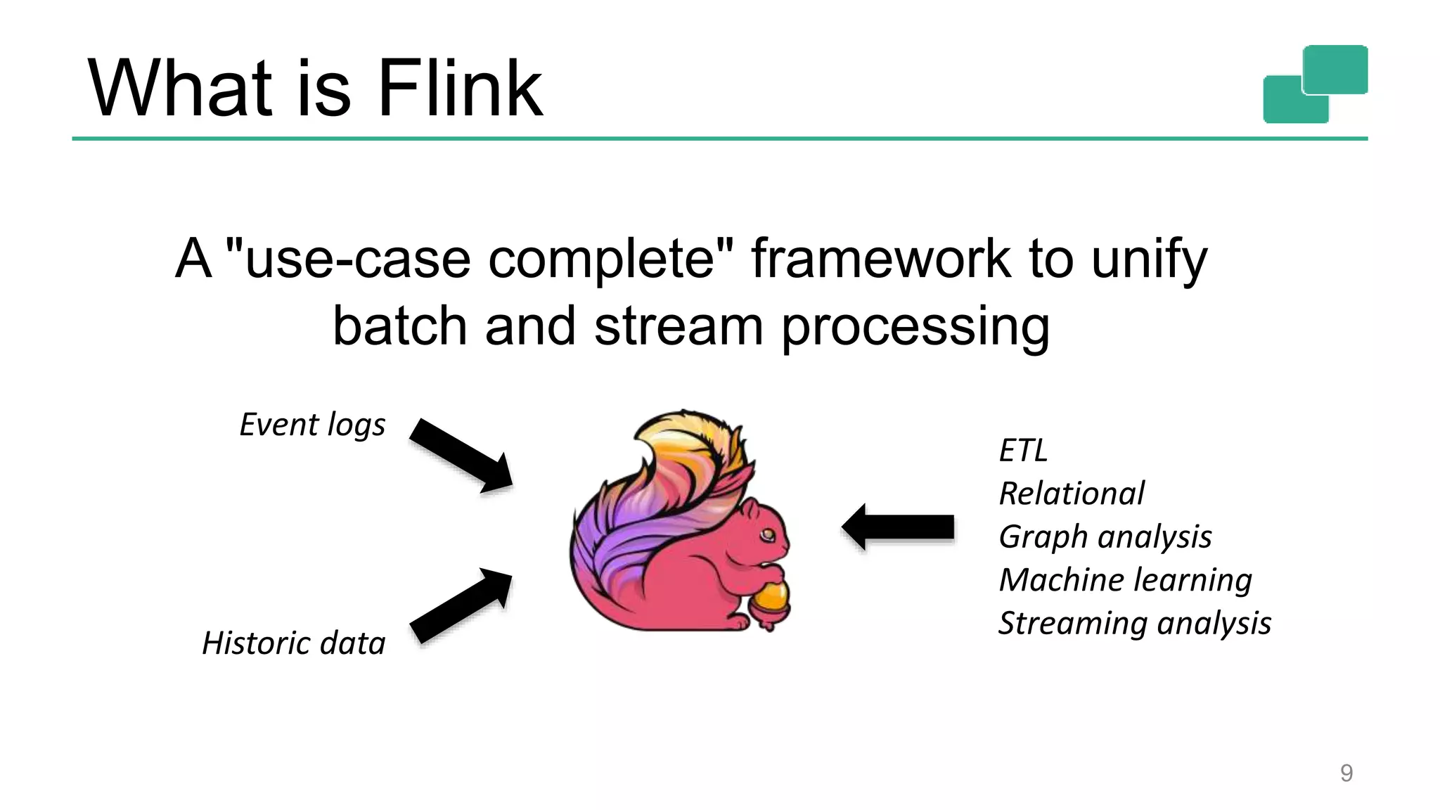 What is Flink 9 A "use-case complete" framework to unify batch and stream processing Event logs Historic data ETL Relational Graph analysis Machine learning Streaming analysis 
