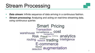 Stream Processing
2
 Data stream: Infinite sequence of data arriving in a continuous fashion.
 Stream processing: Analyzing and acting on real-time streaming data,
using continuous queries
 