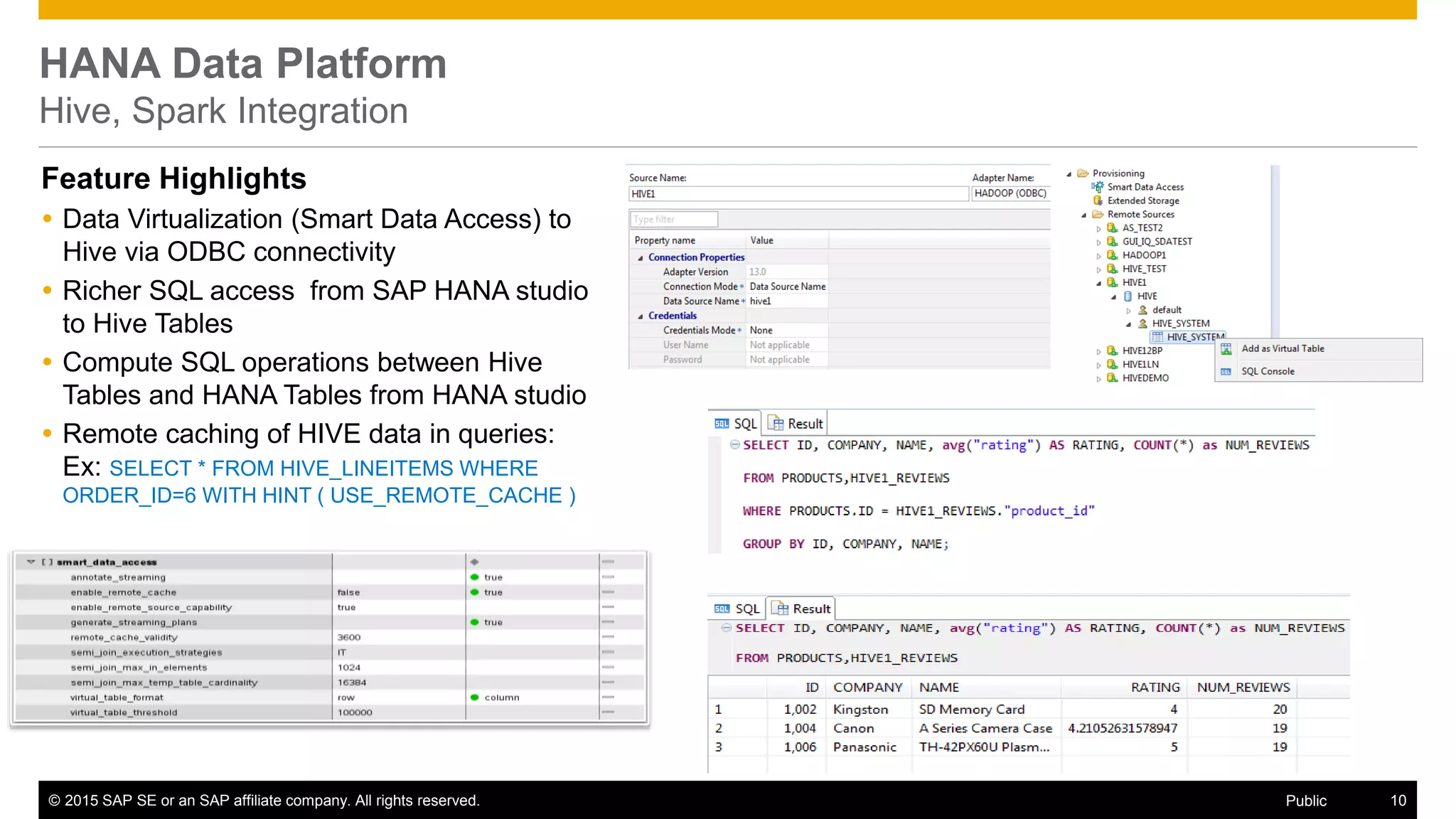 © 2015 SAP SE or an SAP affiliate company. All rights reserved. 10Public
HANA Data Platform
Hive, Spark Integration
Feature Highlights
 Data Virtualization (Smart Data Access) to
Hive via ODBC connectivity
 Richer SQL access from SAP HANA studio
to Hive Tables
 Compute SQL operations between Hive
Tables and HANA Tables from HANA studio
 Remote caching of HIVE data in queries:
Ex: SELECT * FROM HIVE_LINEITEMS WHERE
ORDER_ID=6 WITH HINT ( USE_REMOTE_CACHE )
 