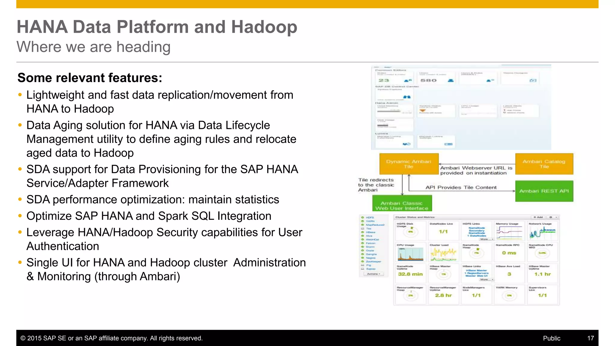 © 2015 SAP SE or an SAP affiliate company. All rights reserved. 17Public
HANA Data Platform and Hadoop
Where we are heading
Some relevant features:
 Lightweight and fast data replication/movement from
HANA to Hadoop
 Data Aging solution for HANA via Data Lifecycle
Management utility to define aging rules and relocate
aged data to Hadoop
 SDA support for Data Provisioning for the SAP HANA
Service/Adapter Framework
 SDA performance optimization: maintain statistics
 Optimize SAP HANA and Spark SQL Integration
 Leverage HANA/Hadoop Security capabilities for User
Authentication
 Single UI for HANA and Hadoop cluster Administration
& Monitoring (through Ambari)
 