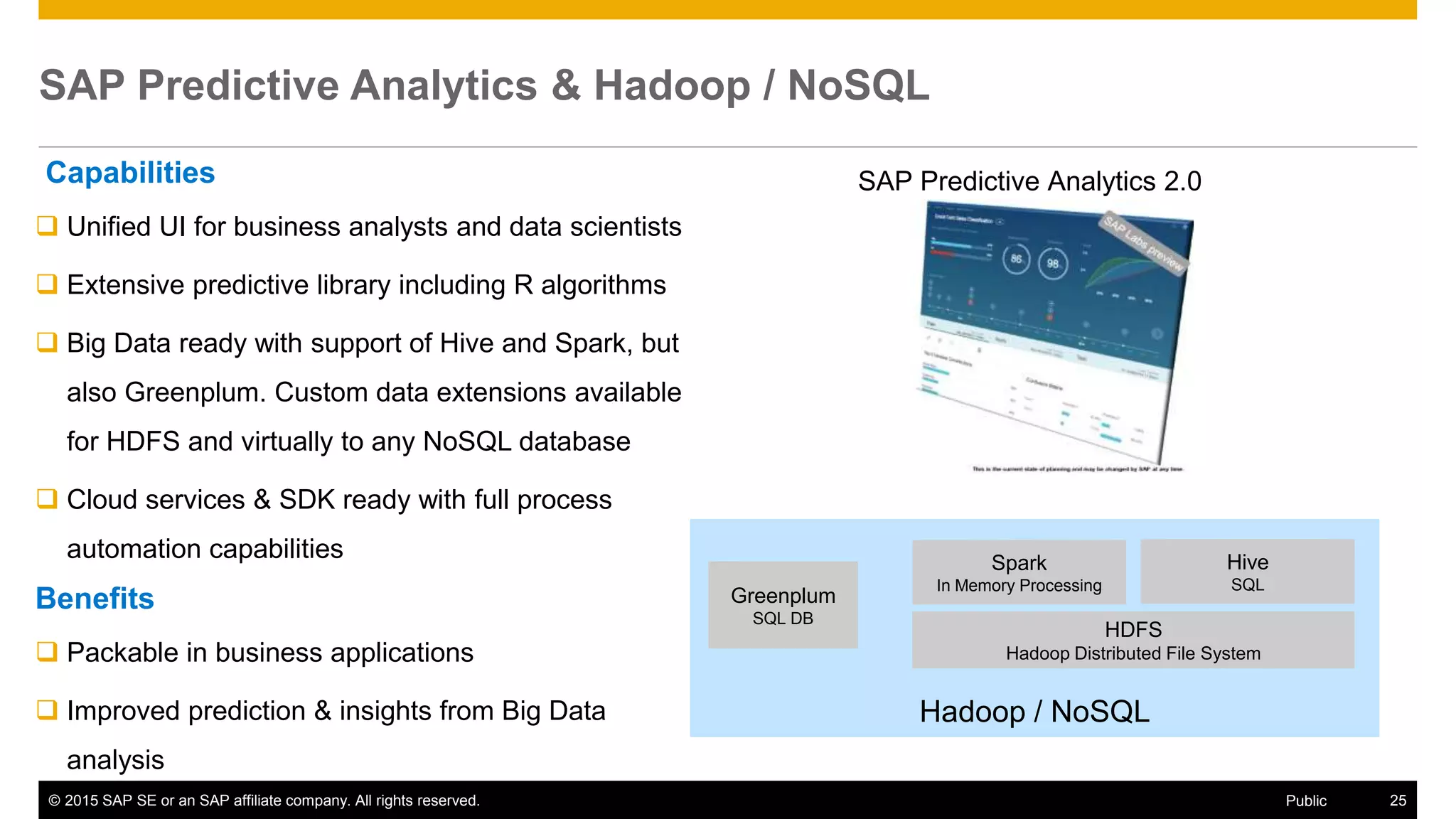 © 2015 SAP SE or an SAP affiliate company. All rights reserved. 25Public
SAP Predictive Analytics & Hadoop / NoSQL
SAP Predictive Analytics 2.0
Hadoop / NoSQL
Greenplum
SQL DB
Capabilities
 Unified UI for business analysts and data scientists
 Extensive predictive library including R algorithms
 Big Data ready with support of Hive and Spark, but
also Greenplum. Custom data extensions available
for HDFS and virtually to any NoSQL database
 Cloud services & SDK ready with full process
automation capabilities
Benefits
 Packable in business applications
 Improved prediction & insights from Big Data
analysis
Hive
SQL
Spark
In Memory Processing
HDFS
Hadoop Distributed File System
 
