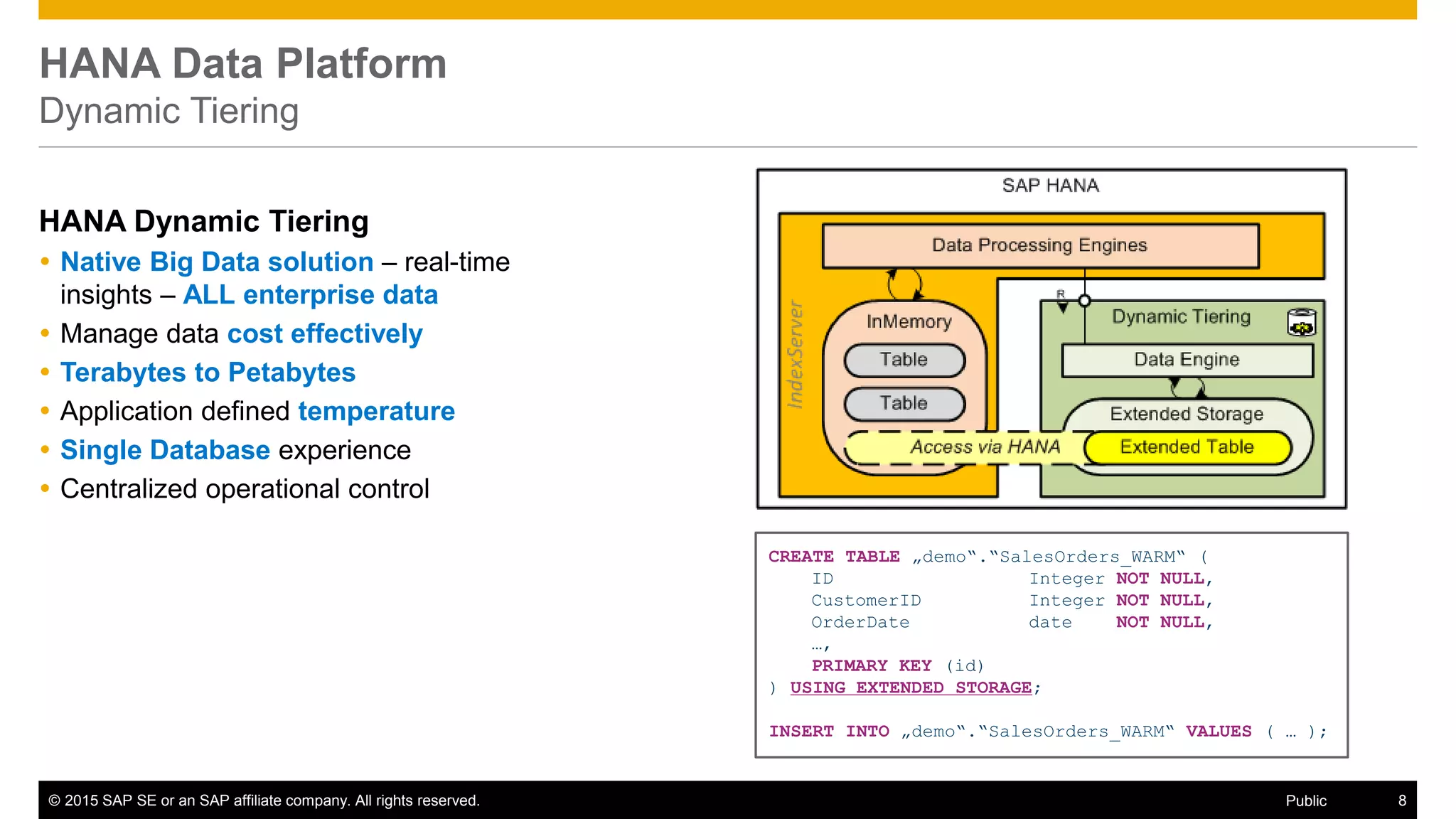 © 2015 SAP SE or an SAP affiliate company. All rights reserved. 8Public
HANA Data Platform
Dynamic Tiering
HANA Dynamic Tiering
 Native Big Data solution – real-time
insights – ALL enterprise data
 Manage data cost effectively
 Terabytes to Petabytes
 Application defined temperature
 Single Database experience
 Centralized operational control
CREATE TABLE „demo“.“SalesOrders_WARM“ (
ID Integer NOT NULL,
CustomerID Integer NOT NULL,
OrderDate date NOT NULL,
…,
PRIMARY KEY (id)
) USING EXTENDED STORAGE;
INSERT INTO „demo“.“SalesOrders_WARM“ VALUES ( … );
 