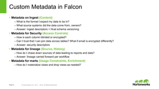 Page22 © Hortonworks Inc. 2011 – 2014. All Rights Reserved
Custom Metadata in Falcon
• Metadata on Ingest (Content)
– What...