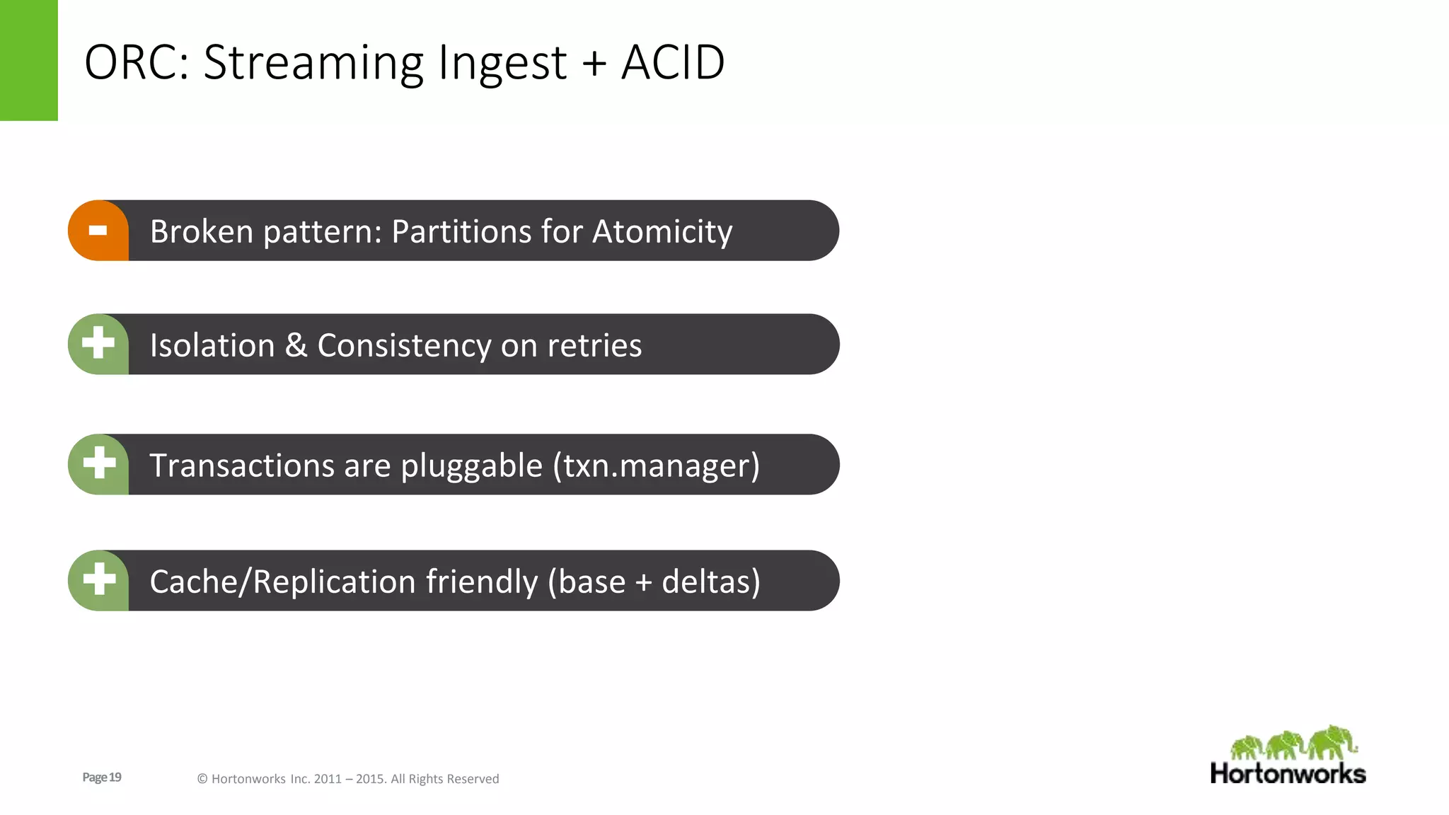 Page19 © Hortonworks Inc. 2011 – 2015. All Rights Reserved
ORC: Streaming Ingest + ACID
Broken pattern: Partitions for Atomicity-
- Isolation & Consistency on retries+
Transactions are pluggable (txn.manager)+
Cache/Replication friendly (base + deltas)+
 