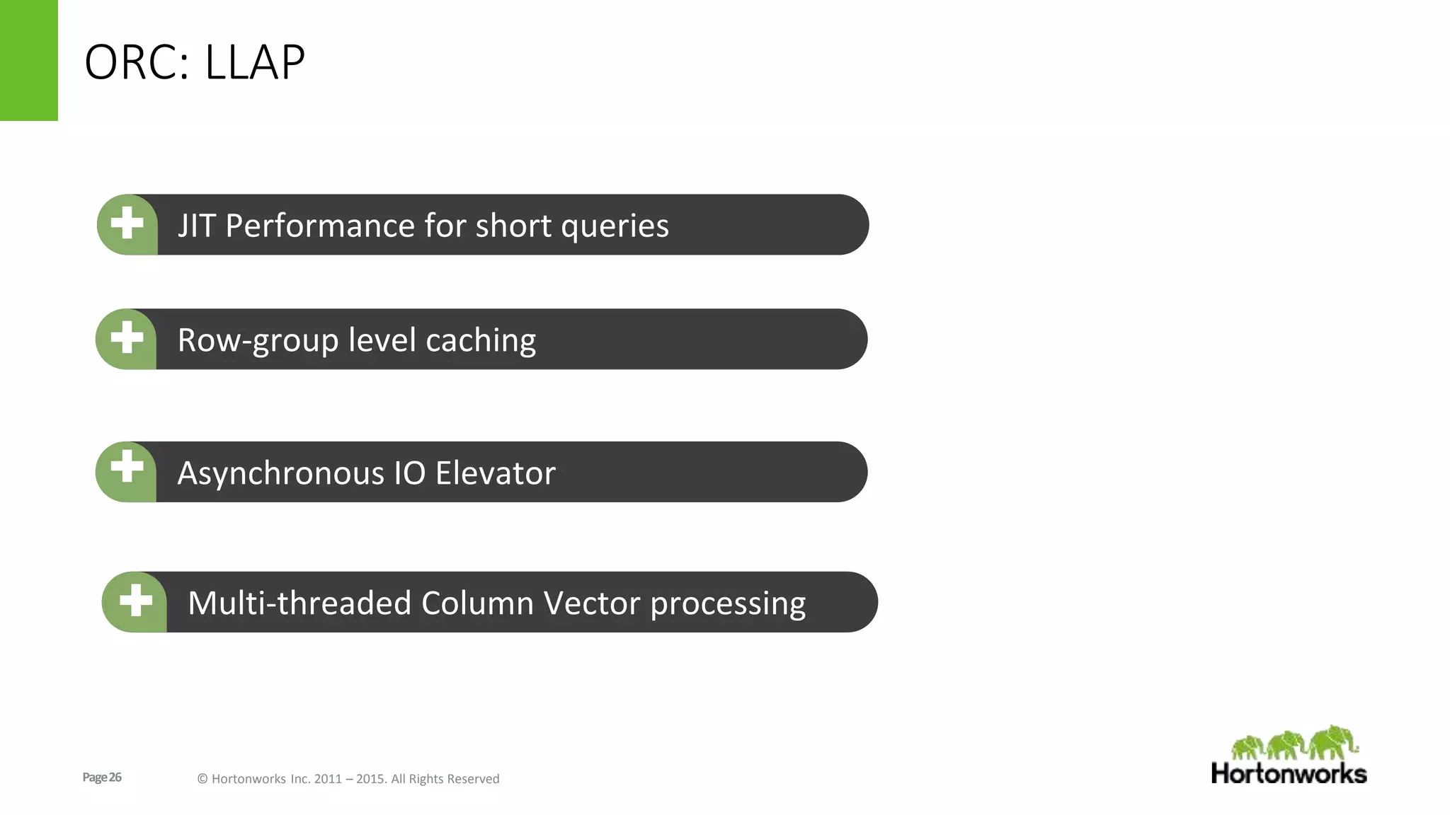 Page26 © Hortonworks Inc. 2011 – 2015. All Rights Reserved
ORC: LLAP
- JIT Performance for short queries+
Row-group level caching+
Asynchronous IO Elevator+
+ Multi-threaded Column Vector processing+
 