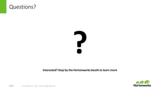 Page28 © Hortonworks Inc. 2011 – 2015. All Rights Reserved
Questions?
?
Interested? Stop by the Hortonworks booth to learn more
 