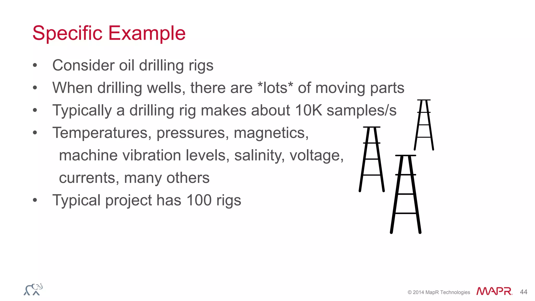 © 2014 MapR Technologies 44
Specific Example
• Consider oil drilling rigs
• When drilling wells, there are *lots* of moving parts
• Typically a drilling rig makes about 10K samples/s
• Temperatures, pressures, magnetics,
machine vibration levels, salinity, voltage,
currents, many others
• Typical project has 100 rigs
 