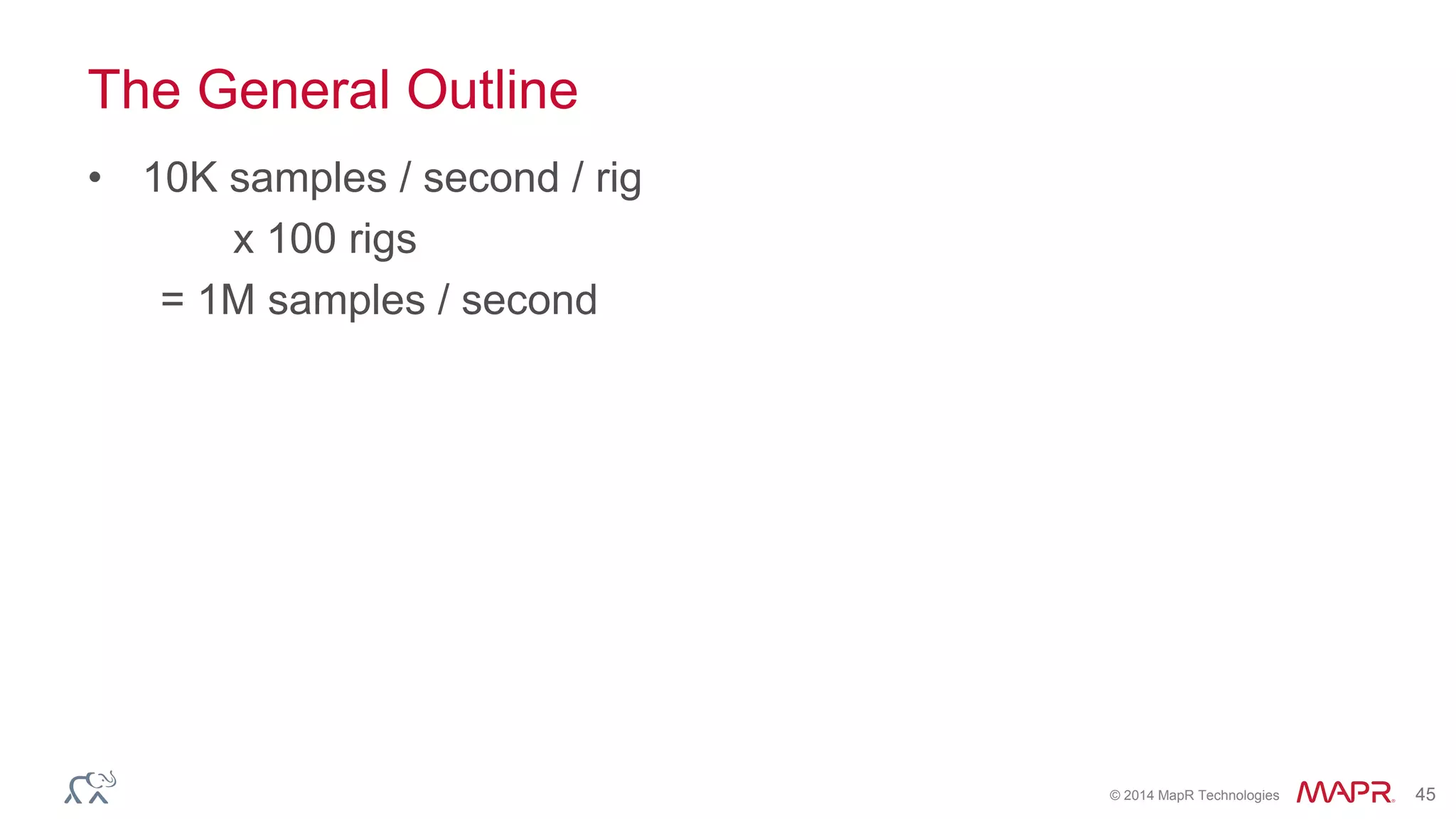 © 2014 MapR Technologies 45
The General Outline
• 10K samples / second / rig
x 100 rigs
= 1M samples / second
 