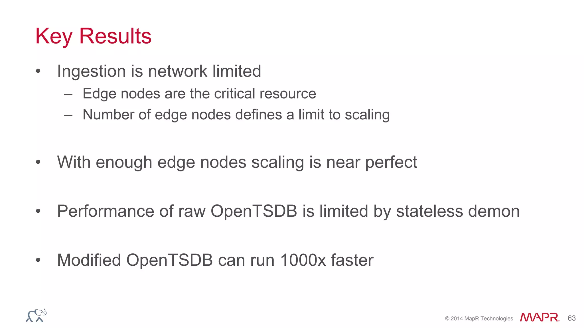 © 2014 MapR Technologies 63
Key Results
• Ingestion is network limited
– Edge nodes are the critical resource
– Number of edge nodes defines a limit to scaling
• With enough edge nodes scaling is near perfect
• Performance of raw OpenTSDB is limited by stateless demon
• Modified OpenTSDB can run 1000x faster
 