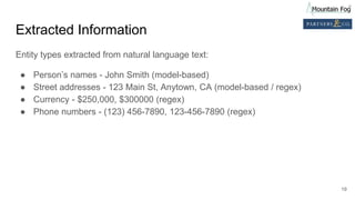 Extracted Information
Entity types extracted from natural language text:
● Person’s names - John Smith (model-based)
● Street addresses - 123 Main St, Anytown, CA (model-based / regex)
● Currency - $250,000, $300000 (regex)
● Phone numbers - (123) 456-7890, 123-456-7890 (regex)
19
 