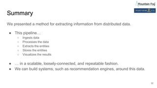 Summary
We presented a method for extracting information from distributed data.
● This pipeline…
○ Ingests data
○ Processes the data
○ Extracts the entities
○ Stores the entities
○ Visualizes the results
● … in a scalable, loosely-connected, and repeatable fashion.
● We can build systems, such as recommendation engines, around this data.
32
 
