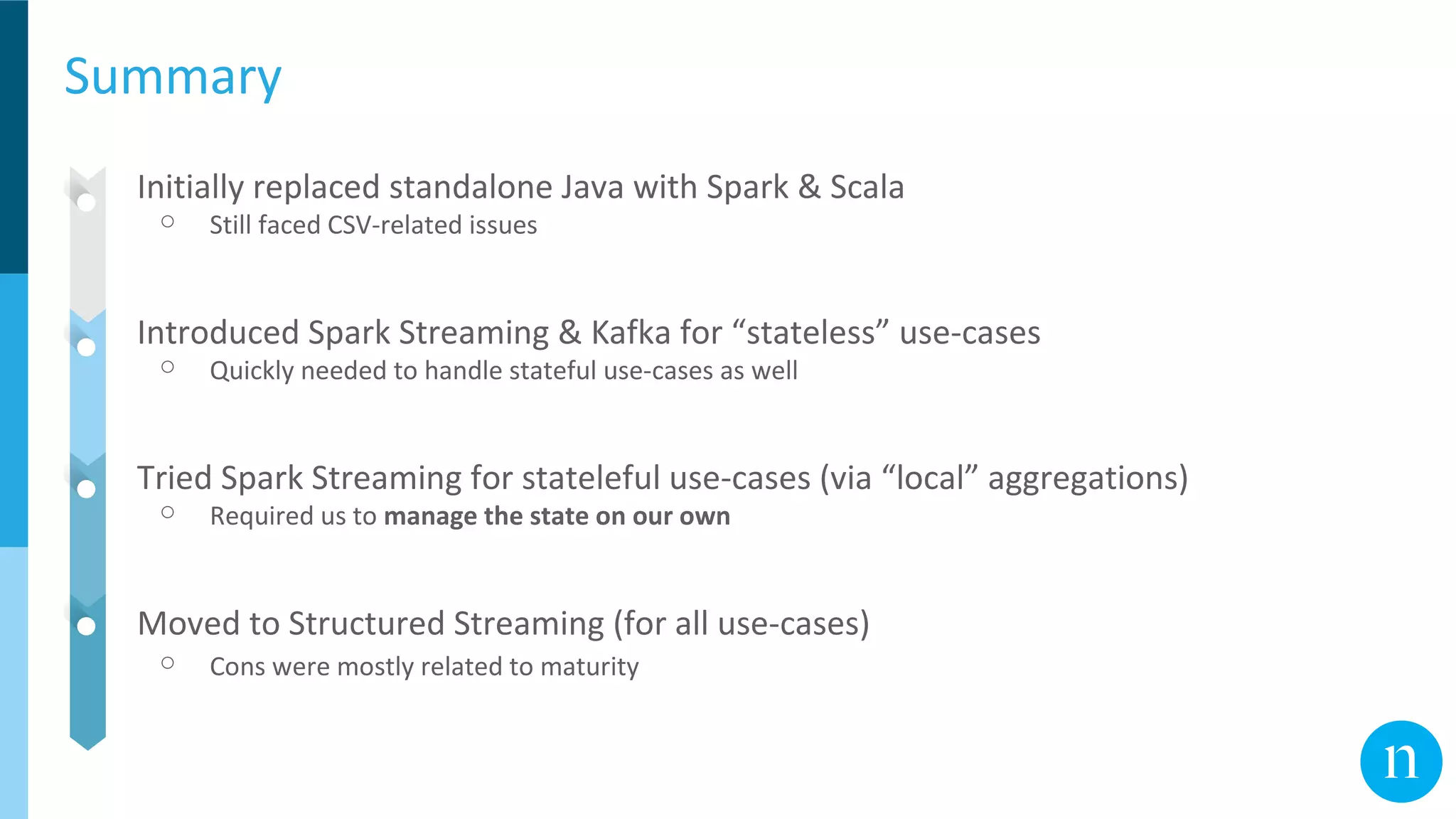Summary
● Initially replaced standalone Java with Spark & Scala
○ Still faced CSV-related issues
● Introduced Spark Streaming & Kafka for “stateless” use-cases
○ Quickly needed to handle stateful use-cases as well
● Tried Spark Streaming for stateleful use-cases (via “local” aggregations)
○ Required us to manage the state on our own
● Moved to Structured Streaming (for all use-cases)
○ Cons were mostly related to maturity
 
