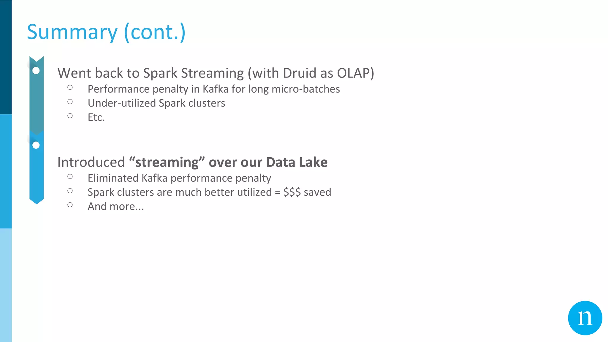 Summary (cont.)
● Went back to Spark Streaming (with Druid as OLAP)
○ Performance penalty in Kafka for long micro-batches
○ Under-utilized Spark clusters
○ Etc.
● Introduced “streaming” over our Data Lake
○ Eliminated Kafka performance penalty
○ Spark clusters are much better utilized = $$$ saved
○ And more...
 
