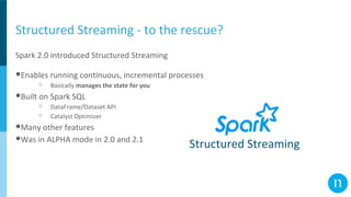 Structured Streaming - to the rescue?
Spark 2.0 introduced Structured Streaming
●Enables running continuous, incremental processes
○ Basically manages the state for you
●Built on Spark SQL
○ DataFrame/Dataset API
○ Catalyst Optimizer
●Many other features
●Was in ALPHA mode in 2.0 and 2.1
Structured Streaming
 