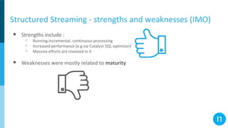 Structured Streaming - strengths and weaknesses (IMO)
● Strengths include :
○ Running incremental, continuous processing
○ Increased performance (e.g via Catalyst SQL optimizer)
○ Massive efforts are invested in it
● Weaknesses were mostly related to maturity
 