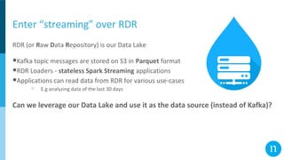 Enter “streaming” over RDR
RDR (or Raw Data Repository) is our Data Lake
●Kafka topic messages are stored on S3 in Parquet format
●RDR Loaders - stateless Spark Streaming applications
●Applications can read data from RDR for various use-cases
○ E.g analyzing data of the last 30 days
Can we leverage our Data Lake and use it as the data source (instead of Kafka)?
 