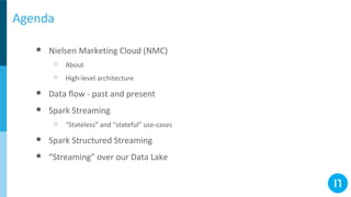 Agenda
● Nielsen Marketing Cloud (NMC)
○ About
○ High-level architecture
● Data flow - past and present
● Spark Streaming
○ “Stateless” and “stateful” use-cases
● Spark Structured Streaming
● “Streaming” over our Data Lake
 