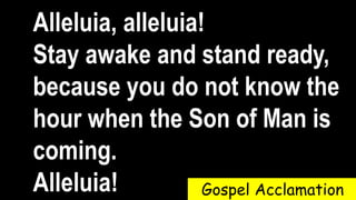 Alleluia, alleluia!
Stay awake and stand ready,
because you do not know the
hour when the Son of Man is
coming.
Alleluia! Gospel Acclamation
 