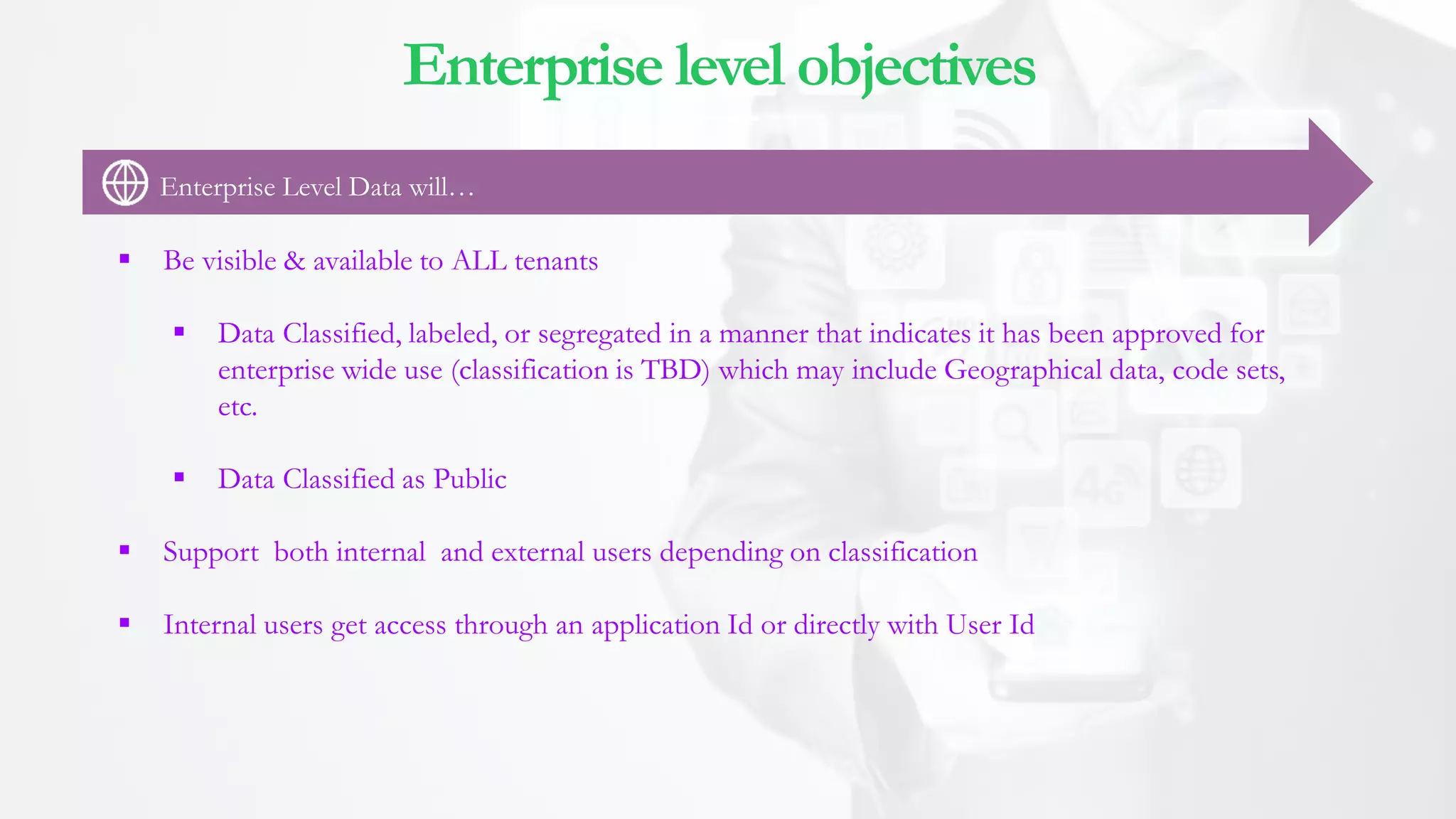  Be visible & available to ALL tenants
 Data Classified, labeled, or segregated in a manner that indicates it has been approved for
enterprise wide use (classification is TBD) which may include Geographical data, code sets,
etc.
 Data Classified as Public
 Support both internal and external users depending on classification
 Internal users get access through an application Id or directly with User Id
Enterprise level objectives
Enterprise Level Data will…
 