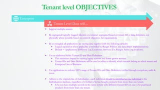 Enterprise
Tenant Level Data will…
Tenant level OBJECTIVES
 Support multiple tenants
 Be segregated logically (tagged, labeled, or container segregated based on tenant ID or data delimiters, not
physically where possible based on controls objectives for organizations
 Be co-mingled; all applications are storing data together with the following defaults:
 Logical separation when applicable (controlled by Ranger Policies and data object implementation)
 Default = Applications (Different Log Locations). Services (Ex; Ranger. Same Log locations).
 Use an additional fields: Tenant ID and Data Delimiters
 This minimizes impact to existing legacy systems and home-grown services
 Tenant IDs and Data Delimiters will be used in tables to identify which records belong to which tenant and
Enterprise Line of Business.
 Use applications to enforce 100% usage of Tenant IDs and Data Delimiters verified through exceptions, audit &
recon
 Adhere to the original idea of Individuation—each individual should be identified as one individual in the
Individuation database, regardless of whether s/he has bought products from more than one tenant.
 S/he can have multiple records in the same system with different Tenant ID’s in case s/he purchased
products from more than one tenant.
 