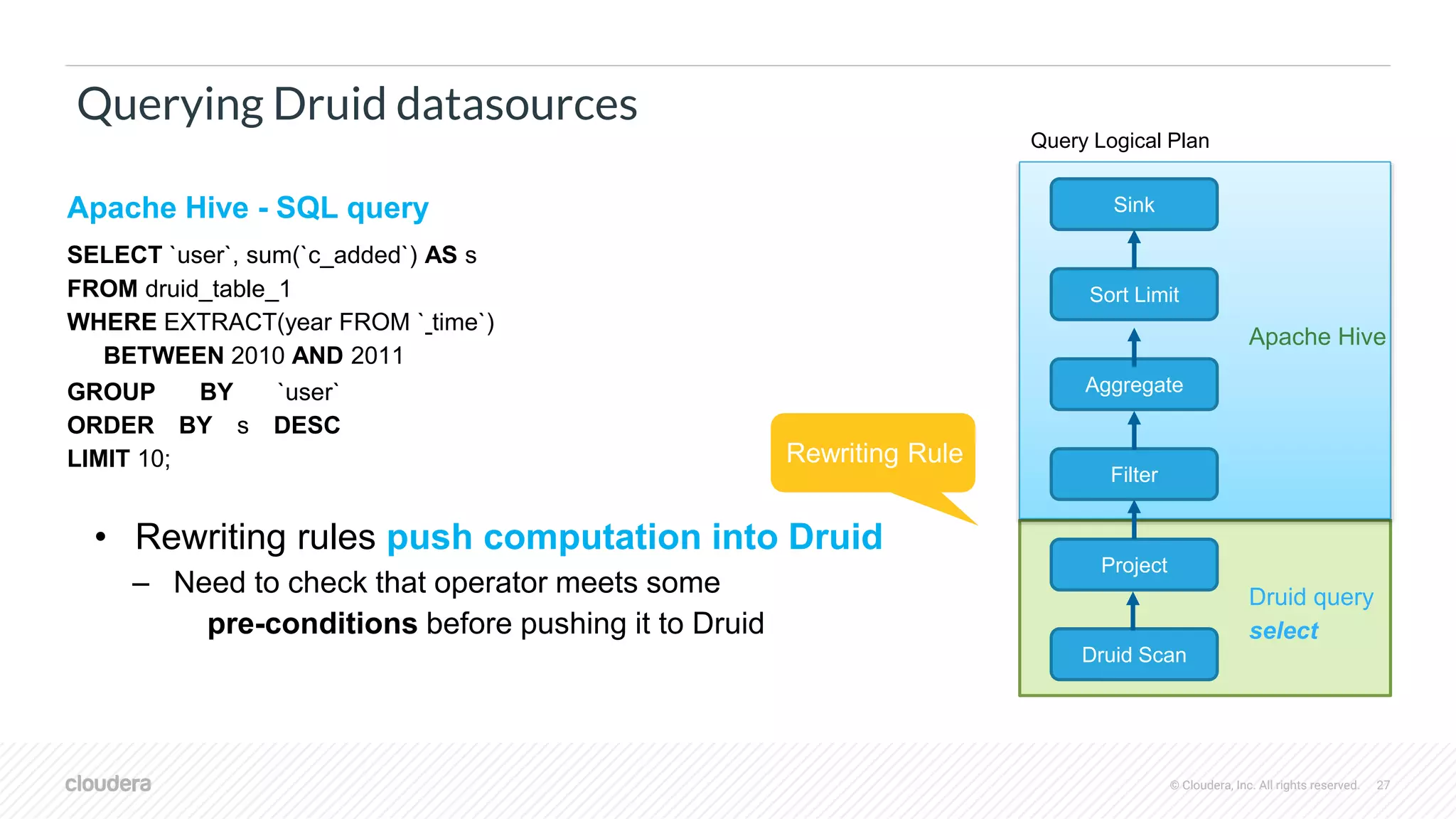 © Cloudera, Inc. All rights reserved. 27
Querying Druid datasources
Apache Hive - SQL query
SELECT `user`, sum(`c_added`) AS s
FROM druid_table_1
WHERE EXTRACT(year FROM ` time`)
BETWEEN 2010 AND 2011
GROUP BY `user`
ORDER BY s DESC
LIMIT 10;
• Rewriting rules push computation into Druid
– Need to check that operator meets some
pre-conditions before pushing it to Druid
Filter
Project
Druid Scan
Sink
Sort Limit
Aggregate
Query Logical Plan
Rewriting Rule
Apache Hive
Druid query
select
 