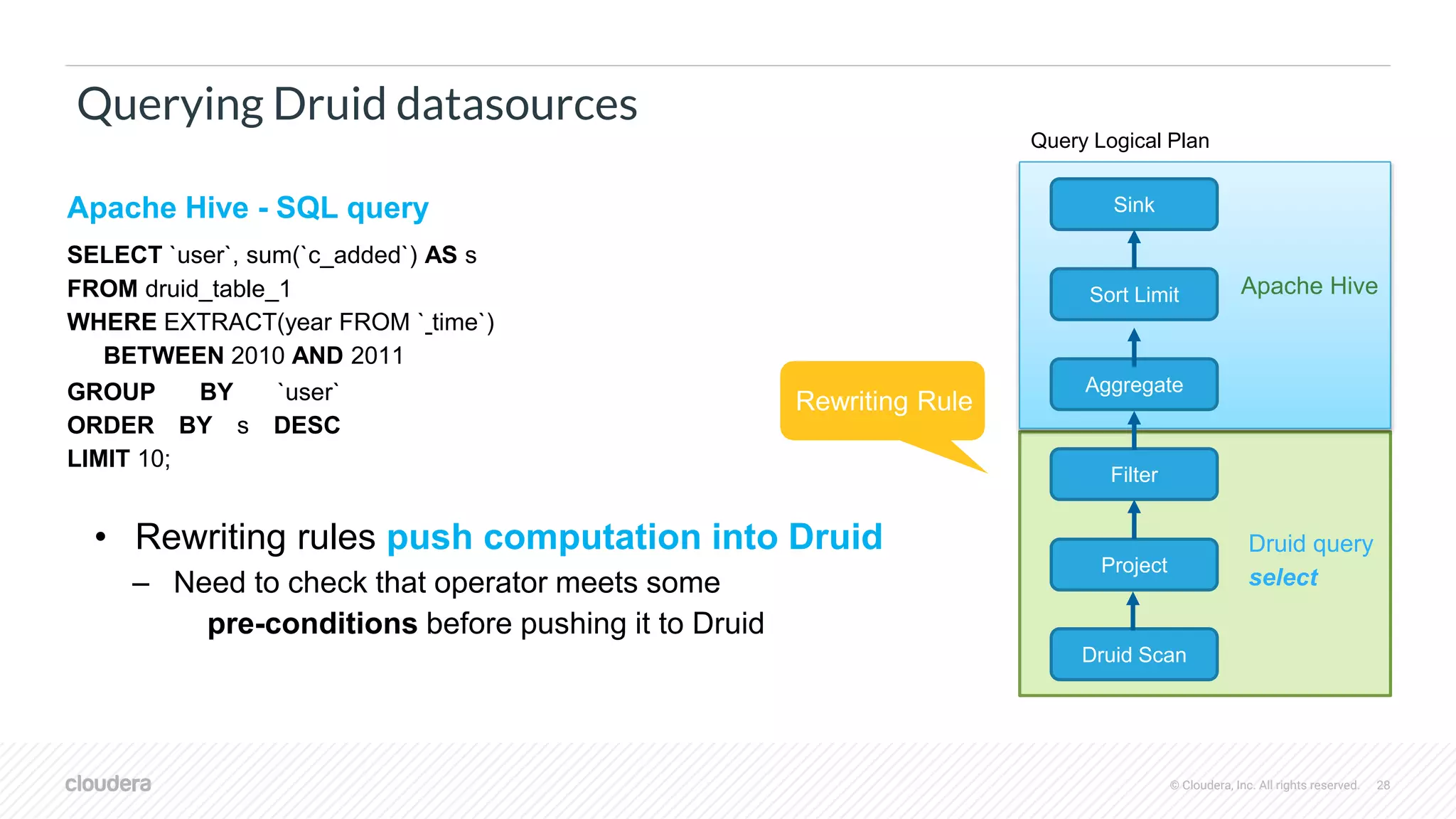 © Cloudera, Inc. All rights reserved. 28
Querying Druid datasources
Apache Hive - SQL query
SELECT `user`, sum(`c_added`) AS s
FROM druid_table_1
WHERE EXTRACT(year FROM ` time`)
BETWEEN 2010 AND 2011
GROUP BY `user`
ORDER BY s DESC
LIMIT 10;
• Rewriting rules push computation into Druid
– Need to check that operator meets some
pre-conditions before pushing it to Druid
Filter
Project
Druid Scan
Sink
Sort Limit
Aggregate
Query Logical Plan
Rewriting Rule
Apache Hive
Druid query
select
 