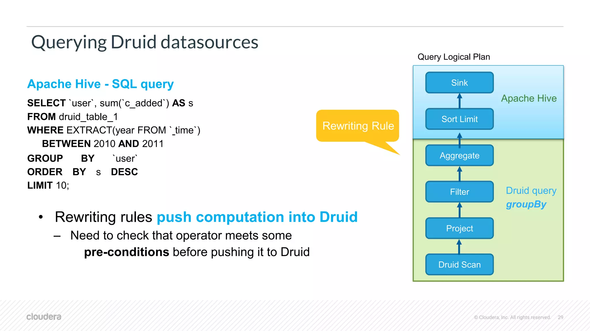 © Cloudera, Inc. All rights reserved. 29
Querying Druid datasources
Apache Hive - SQL query
SELECT `user`, sum(`c_added`) AS s
FROM druid_table_1
WHERE EXTRACT(year FROM ` time`)
BETWEEN 2010 AND 2011
GROUP BY `user`
ORDER BY s DESC
LIMIT 10;
• Rewriting rules push computation into Druid
– Need to check that operator meets some
pre-conditions before pushing it to Druid
Filter
Project
Druid Scan
Sink
Sort Limit
Aggregate
Query Logical Plan
Rewriting Rule
Apache Hive
Druid query
groupBy
 