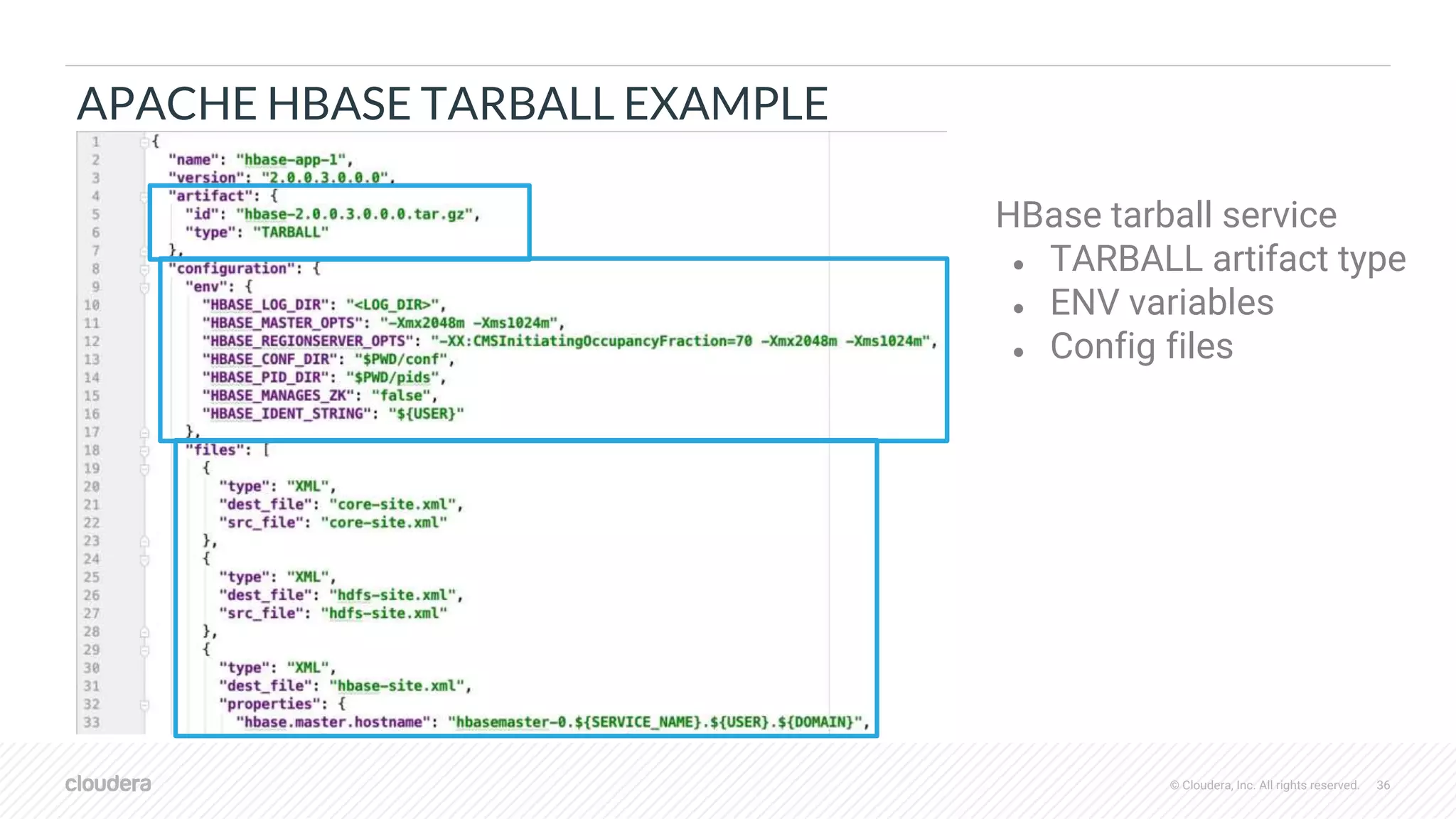 © Cloudera, Inc. All rights reserved. 36
APACHE HBASE TARBALL EXAMPLE
HBase tarball service
● TARBALL artifact type
● ENV variables
● Config files
 
