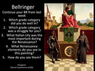 Bellringer
Continue your BR from last
week
1. Which grade category
did you do well in?
2. Which grade category
was a struggle for you?
3. What Italian city was the
most important during
the Renaissance?
4. What Renaissance
elements do you see in
this painting?
5. How do you see them?
Giorgione
Pala di Castelfranco (1503)
 