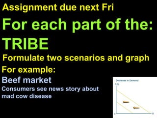 TRIBE
Assignment due next Fri
For each part of the:
Formulate two scenarios and graph
For example:
Beef market
Consumers see news story about
mad cow disease
 
