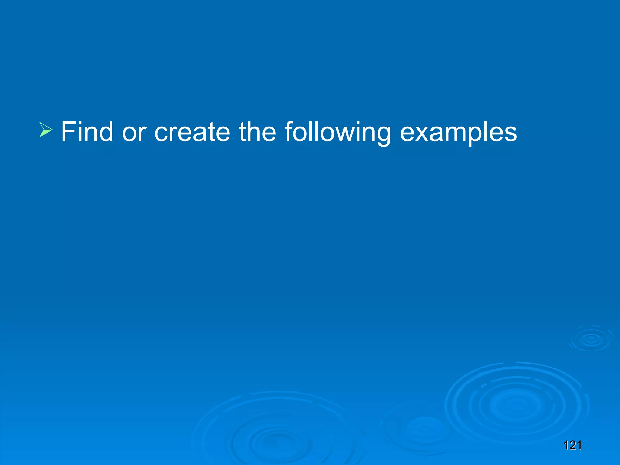 Find or create the following examples 