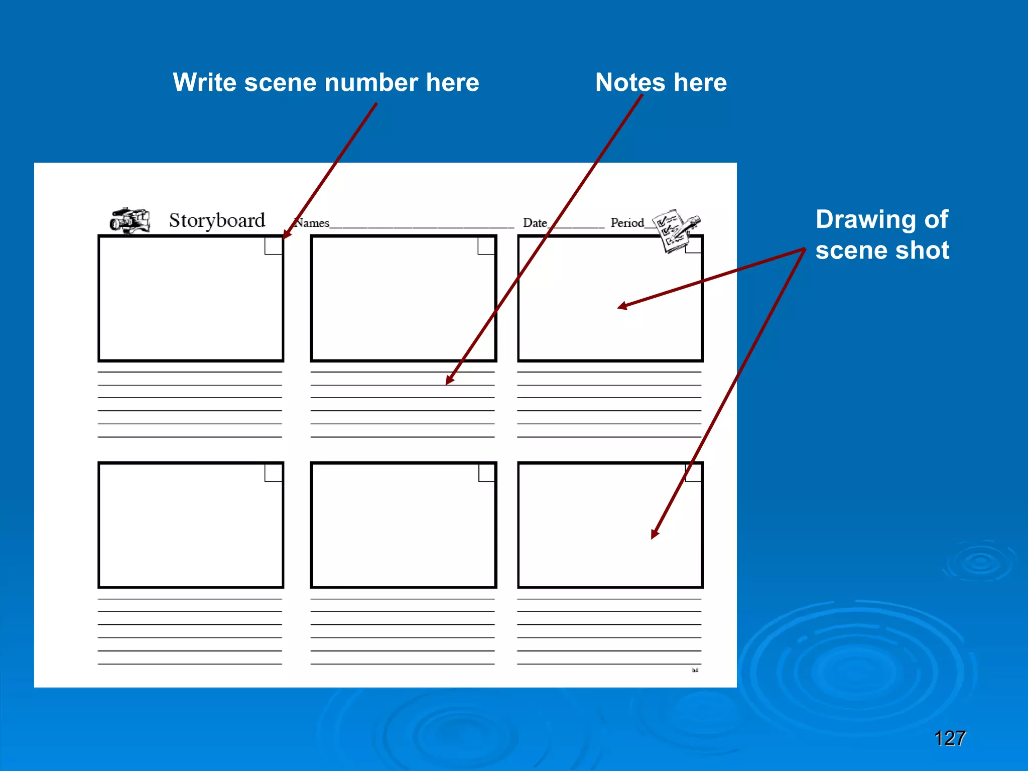 Write scene number here  Notes here Drawing of scene shot 