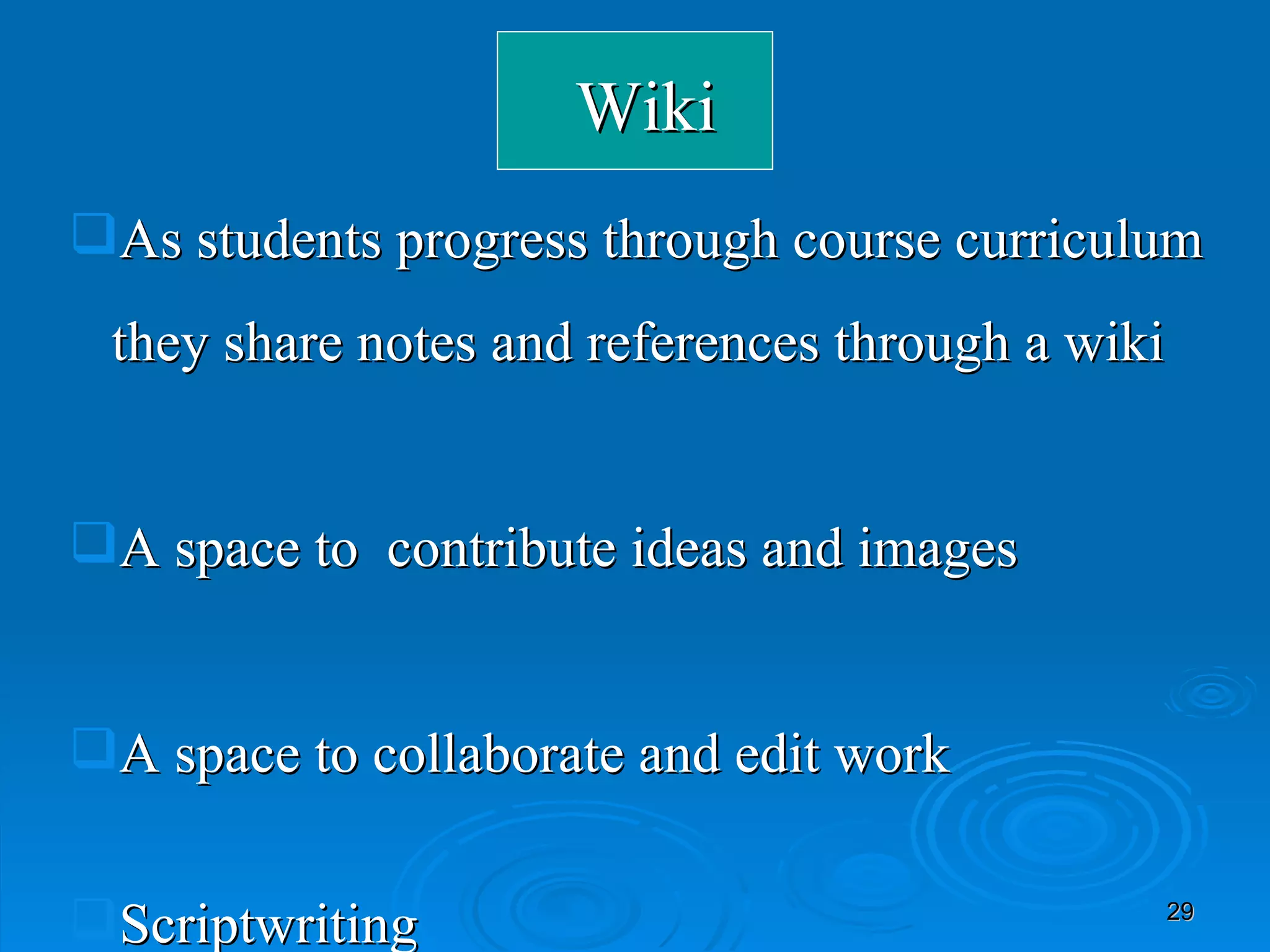 As students progress through course curriculum they share notes and references through a wiki A space to  contribute ideas and images A space to collaborate and edit work Scriptwriting Wiki 