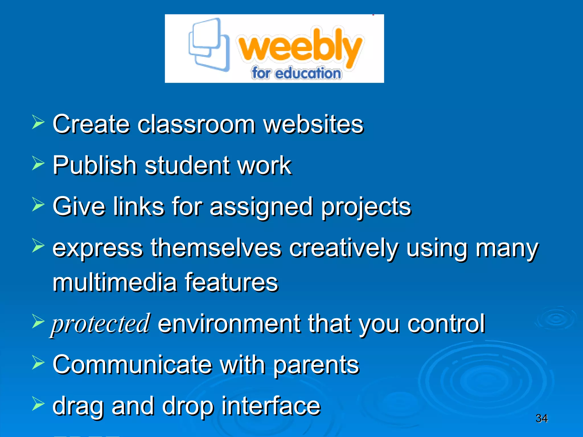 Create classroom websites Publish student work Give links for assigned projects express themselves creatively using many multimedia features protected  environment that you control  Communicate with parents drag and drop interface FREE. 