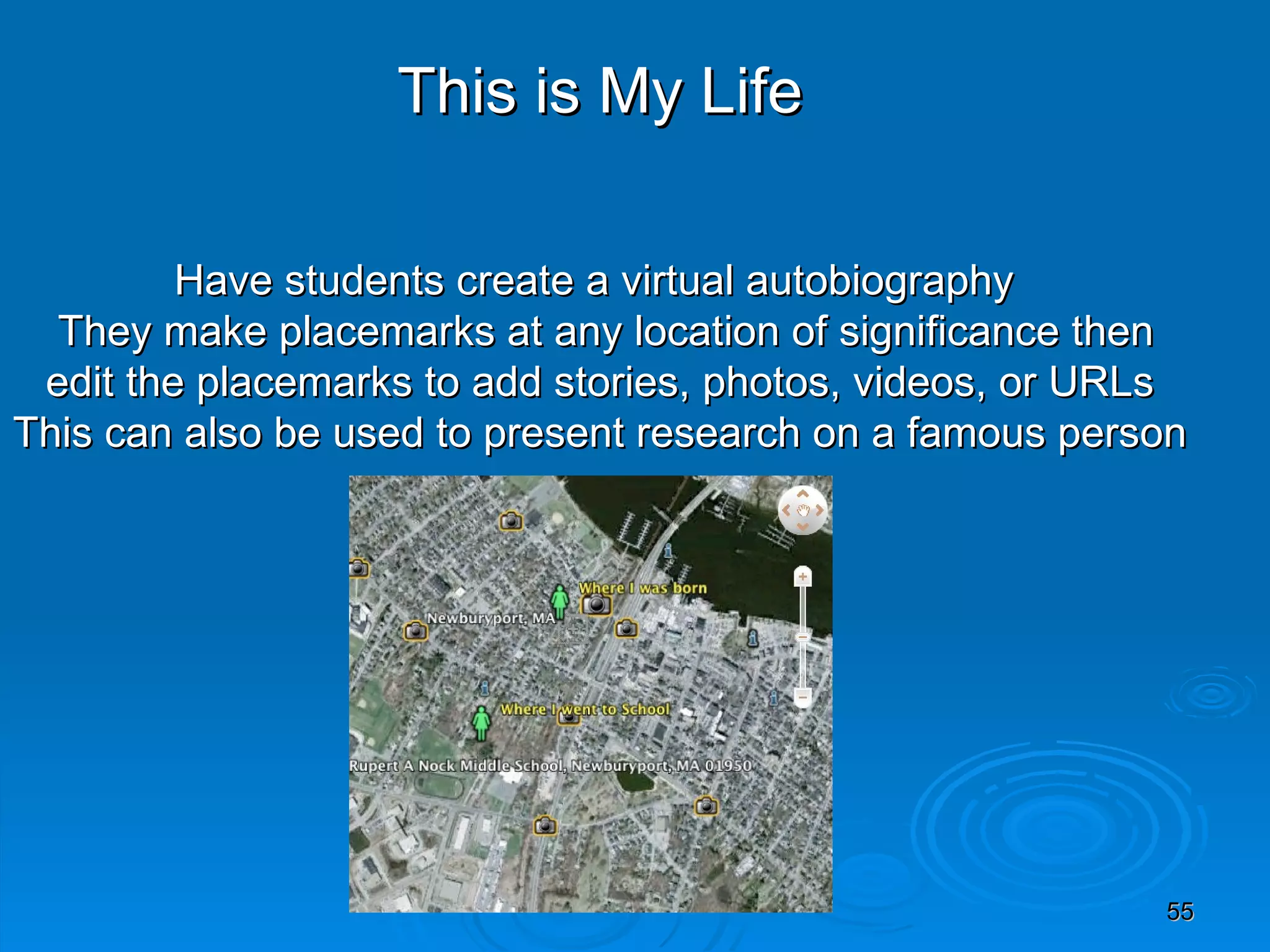 This is My Life Have students create a virtual autobiography    They make placemarks at any location of significance then edit the placemarks to add stories, photos, videos, or URLs  This can also be used to present research on a famous person 