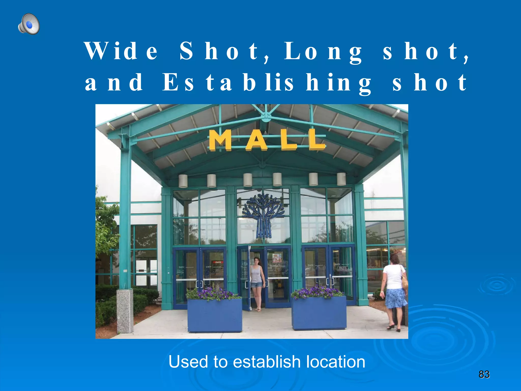 Wide Shot, Long shot, and Establishing shot Used to establish location 