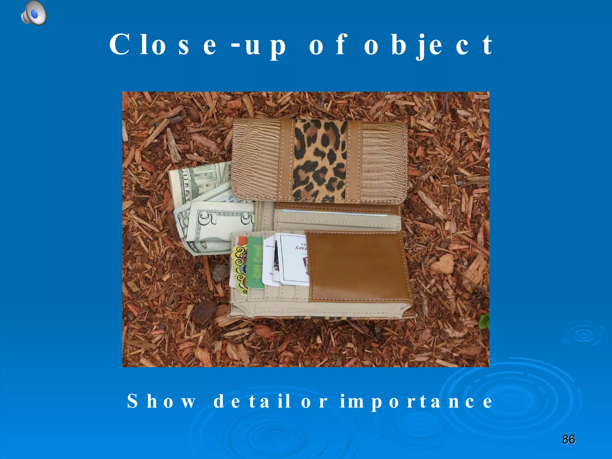 Show detail or importance Close-up of object 