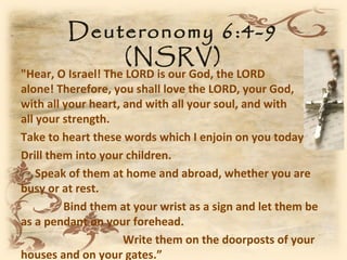 Deuteronomy 6:4-9
             (NSRV)
"Hear, O Israel! The LORD is our God, the LORD
alone! Therefore, you shall love the LORD, your God,
with all your heart, and with all your soul, and with
all your strength.
Take to heart these words which I enjoin on you today.
Drill them into your children.
    Speak of them at home and abroad, whether you are
busy or at rest.
         Bind them at your wrist as a sign and let them be
as a pendant on your forehead.
                     Write them on the doorposts of your
houses and on your gates.”
 