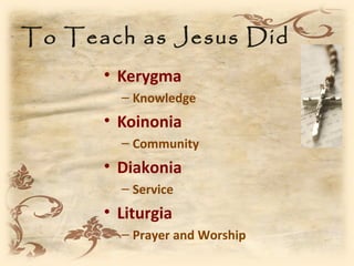To Teach as Jesus Did
      • Kerygma
        – Knowledge
      • Koinonia
        – Community
      • Diakonia
        – Service
      • Liturgia
        – Prayer and Worship
 
