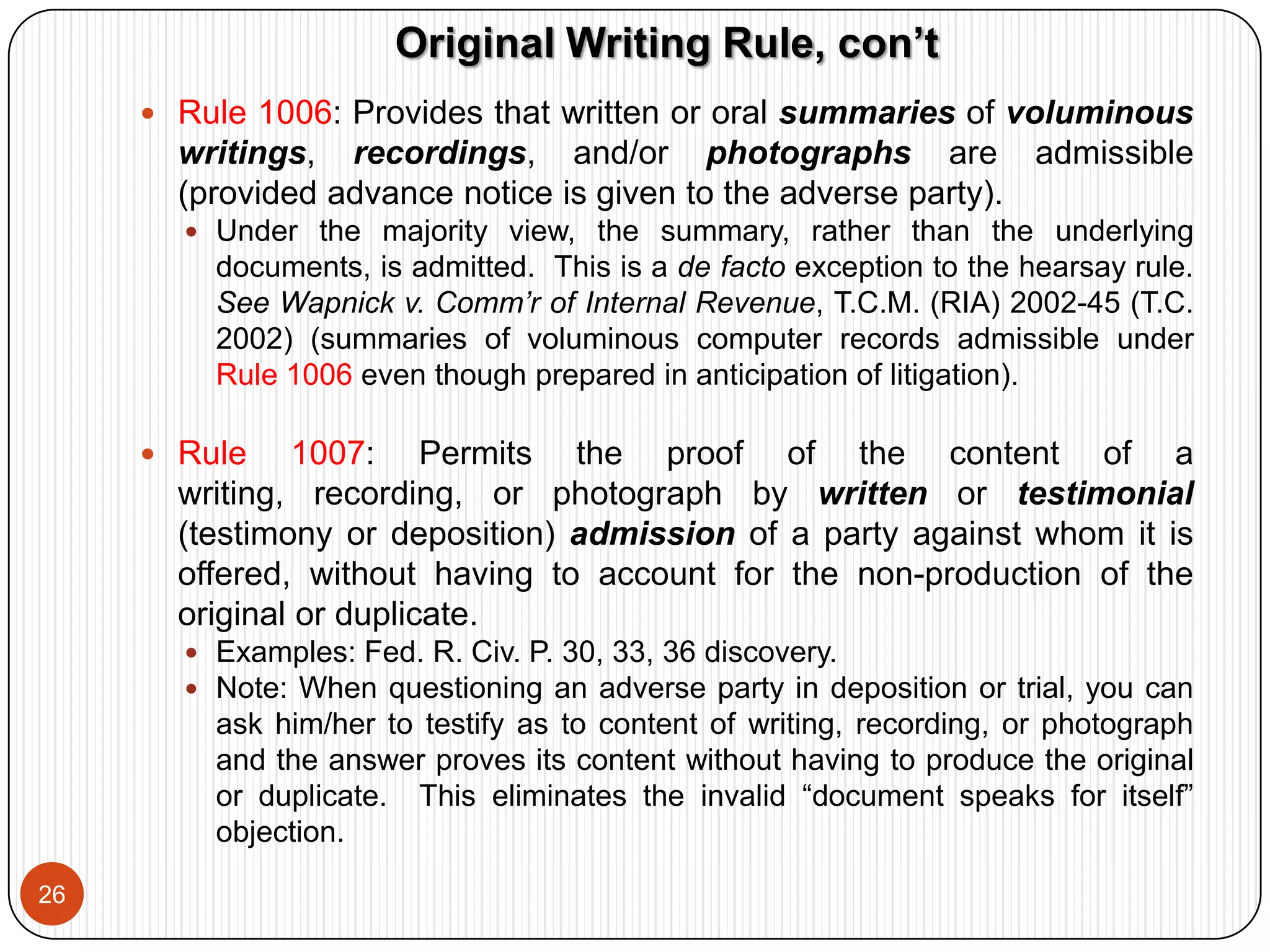 See also United States v. Schultz, No. Cr. 5-07-76 KJM, 2008 WL 152132 (E.D. Cal. Jan. 16, 2008) (holding defendant’s statements posted on Craig’s List not admissible because government failed to meet foundational requirements of 902(11)).Self-Authentication, con’t12Rule 902(6): Self-authentication of newspapers or periodicals. Primarily used for self-authentication of print newspapers and periodicals. Given the ubiquity of electronic news sources, and tendency of “print” media to go “digital” (i.e., Christian Science Monitor, Seattle Post Intelligencer), courts have had difficulty permitting self-authentication under 902(6) because digital media lacks indicia of authenticity present in print media  (such as appearance, typeset, logo, or other distinctive characteristics).  