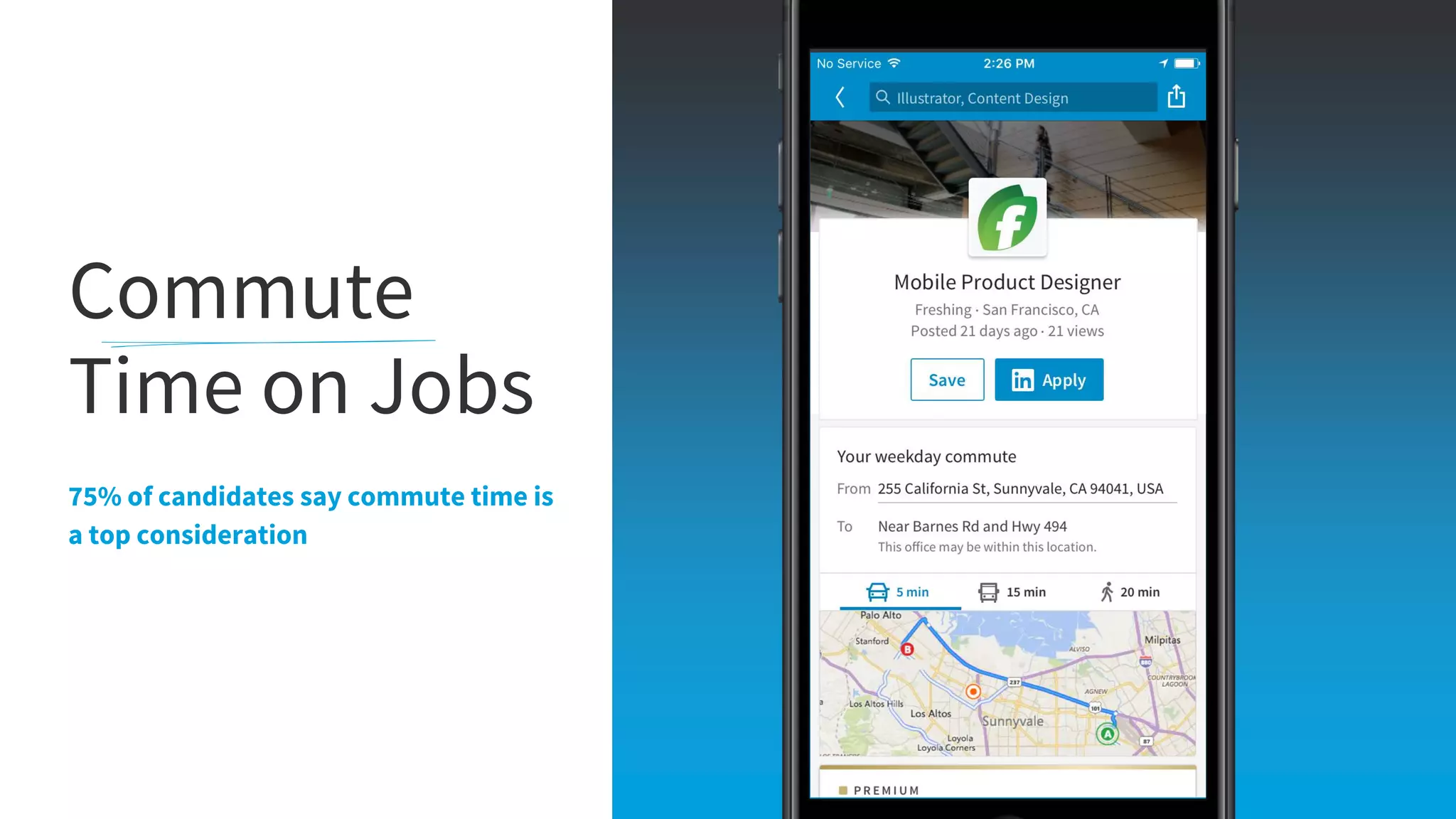 Commute
Time on Jobs
75% of candidates say commute time is
a top consideration
 