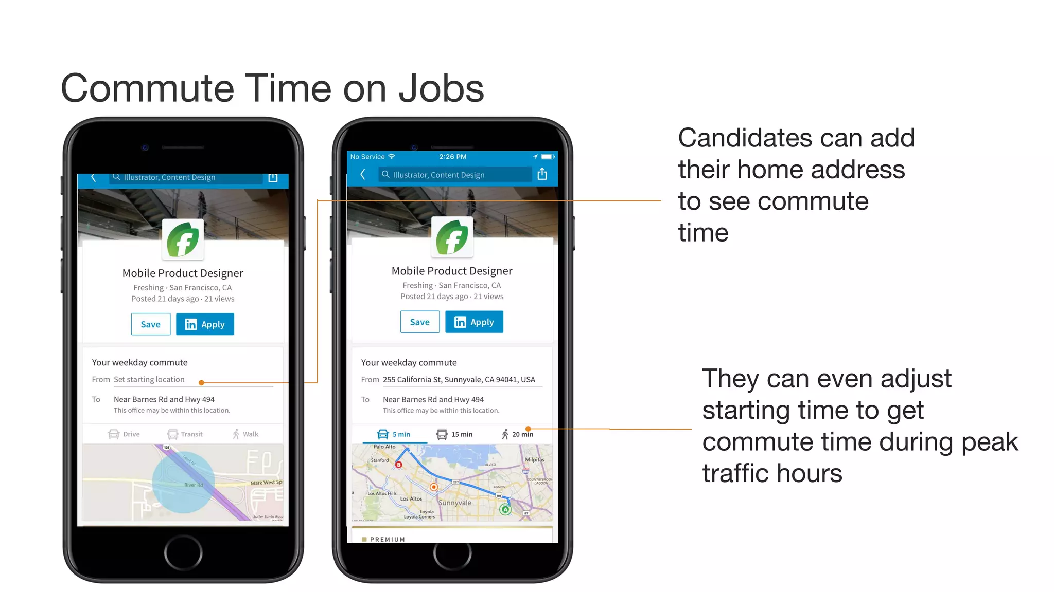 Candidates can add
their home address
to see commute
time
They can even adjust
starting time to get
commute time during peak
traffic hours
Commute Time on Jobs
 
