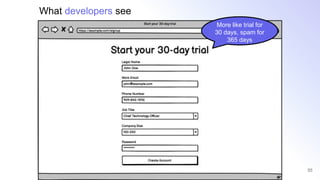 55
More like trial for
30 days, spam for
365 days
What developers see
 