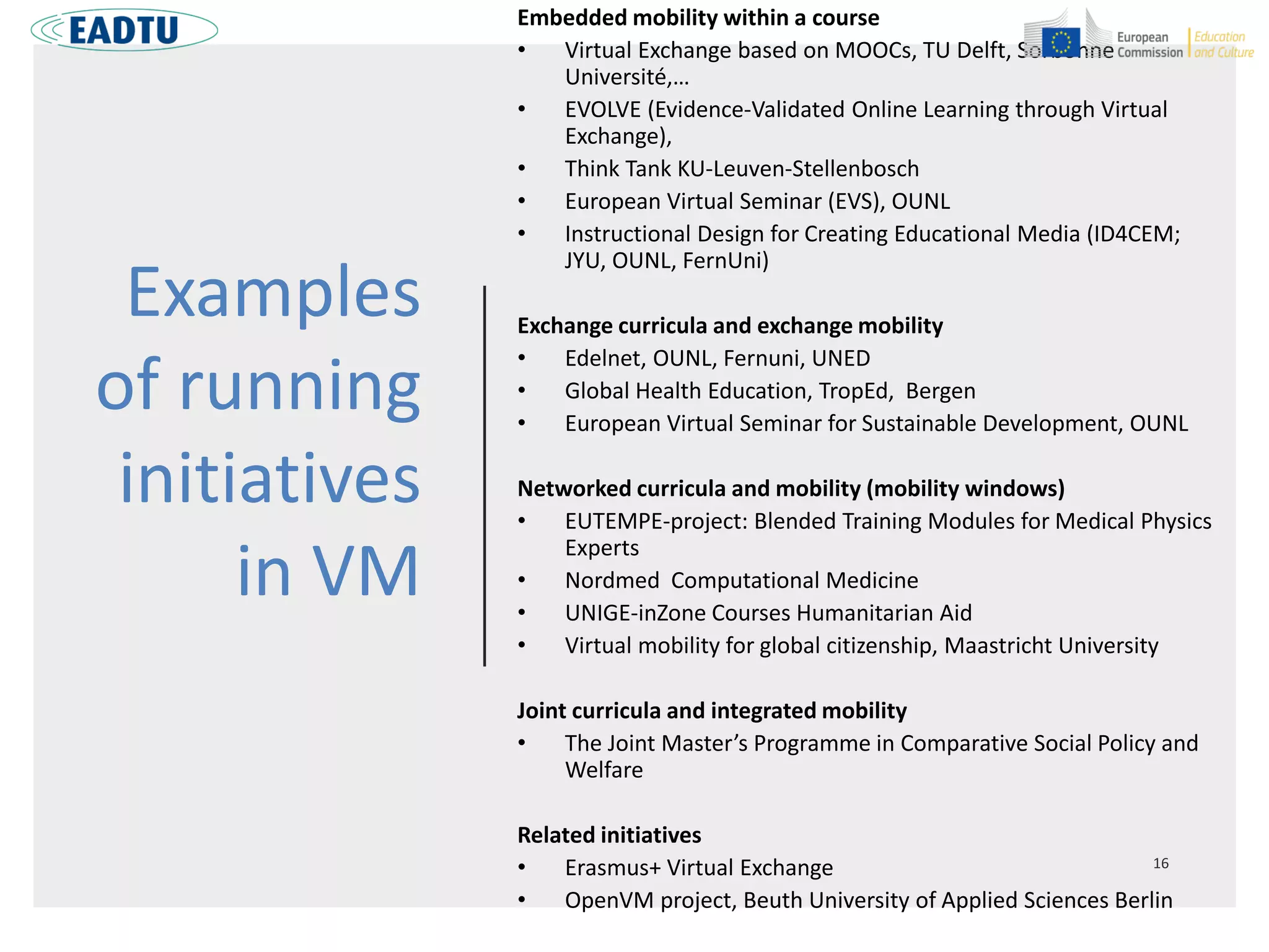 Examples
of running
initiatives
in VM
Embedded mobility within a course
• Virtual Exchange based on MOOCs, TU Delft, Sorbonne
Université,…
• EVOLVE (Evidence-Validated Online Learning through Virtual
Exchange),
• Think Tank KU-Leuven-Stellenbosch
• European Virtual Seminar (EVS), OUNL
• Instructional Design for Creating Educational Media (ID4CEM;
JYU, OUNL, FernUni)
Exchange curricula and exchange mobility
• Edelnet, OUNL, Fernuni, UNED
• Global Health Education, TropEd, Bergen
• European Virtual Seminar for Sustainable Development, OUNL
Networked curricula and mobility (mobility windows)
• EUTEMPE-project: Blended Training Modules for Medical Physics
Experts
• Nordmed Computational Medicine
• UNIGE-inZone Courses Humanitarian Aid
• Virtual mobility for global citizenship, Maastricht University
Joint curricula and integrated mobility
• The Joint Master’s Programme in Comparative Social Policy and
Welfare
Related initiatives
• Erasmus+ Virtual Exchange
• OpenVM project, Beuth University of Applied Sciences Berlin
 