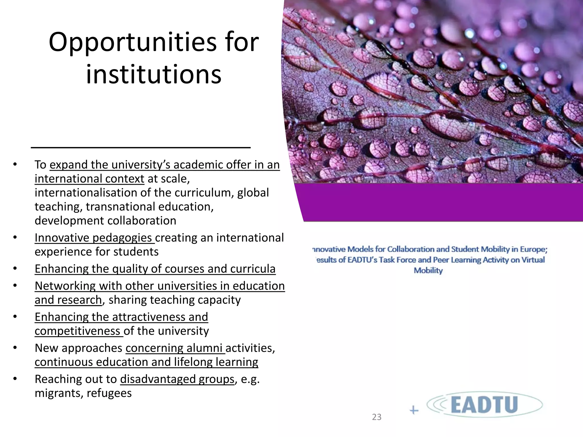 Opportunities for
institutions
• To expand the university’s academic offer in an
international context at scale,
internationalisation of the curriculum, global
teaching, transnational education,
development collaboration
• Innovative pedagogies creating an international
experience for students
• Enhancing the quality of courses and curricula
• Networking with other universities in education
and research, sharing teaching capacity
• Enhancing the attractiveness and
competitiveness of the university
• New approaches concerning alumni activities,
continuous education and lifelong learning
• Reaching out to disadvantaged groups, e.g.
migrants, refugees
23
 