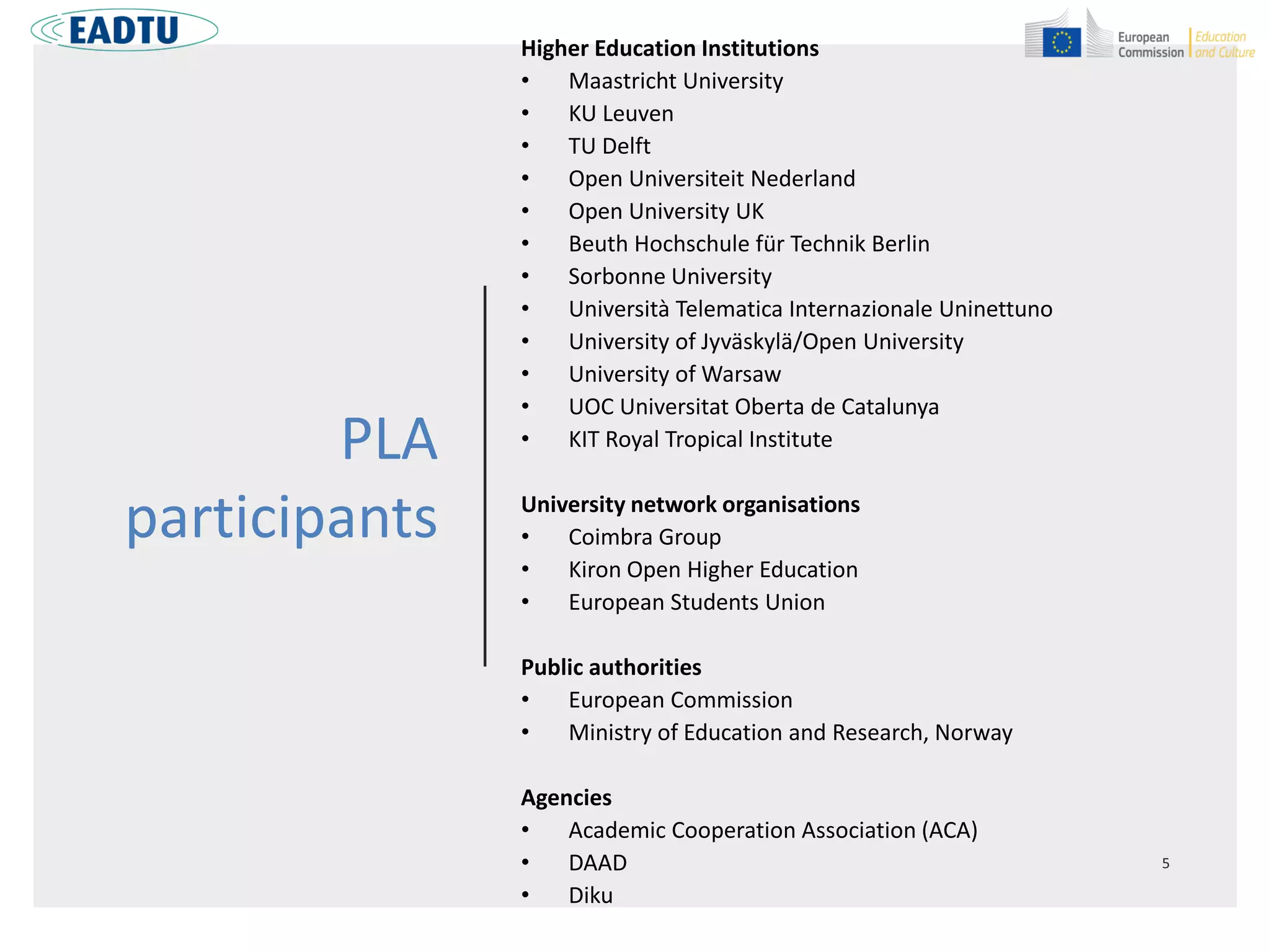 PLA
participants
Higher Education Institutions
• Maastricht University
• KU Leuven
• TU Delft
• Open Universiteit Nederland
• Open University UK
• Beuth Hochschule für Technik Berlin
• Sorbonne University
• Università Telematica Internazionale Uninettuno
• University of Jyväskylä/Open University
• University of Warsaw
• UOC Universitat Oberta de Catalunya
• KIT Royal Tropical Institute
University network organisations
• Coimbra Group
• Kiron Open Higher Education
• European Students Union
Public authorities
• European Commission
• Ministry of Education and Research, Norway
Agencies
• Academic Cooperation Association (ACA)
• DAAD
• Diku
 