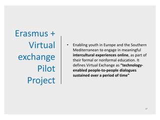 Erasmus +
Virtual
exchange
Pilot
Project
• Enabling youth in Europe and the Southern
Mediterranean to engage in meaningful
intercultural experiences online, as part of
their formal or nonformal education. It
defines Virtual Exchange as “technology-
enabled people-to-people dialogues
sustained over a period of time”
 